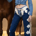 Handmade Blue Suede Chaps Western Rodeo Pants with White Cutout Fringe