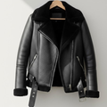 Handmade Black Shearling Jacket – Womens Warm Aviator Biker Coat, Winter Streetwear, Thick Fur-Lined Motorcycle
