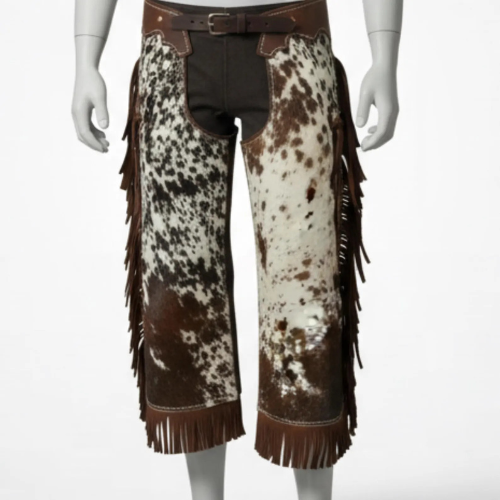 Handmade Brown and White Cowhide Leather Chaps – Western Rodeo Fringe Riding Gear for Cowboys