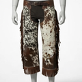 Handmade Brown and White Cowhide Leather Chaps – Western Rodeo Fringe Riding Gear for Cowboys