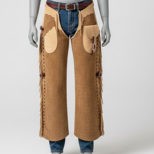 Handmade Tan Suede Leather Chaps, Western Cowboy Fringe Leggings for Men's Rodeo Gear