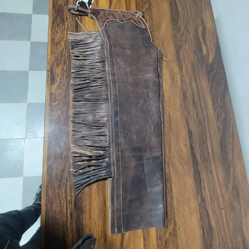 Handmade Distressed Brown Leather Chaps for Men, Western Cowboy Rodeo Fringed Riding Gear