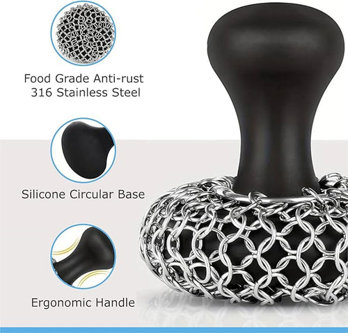 316L Stainless Steel Chainmail Scrubber – Cast Iron Skillet, Pan & Grill Cleaner (Dishwasher Safe)