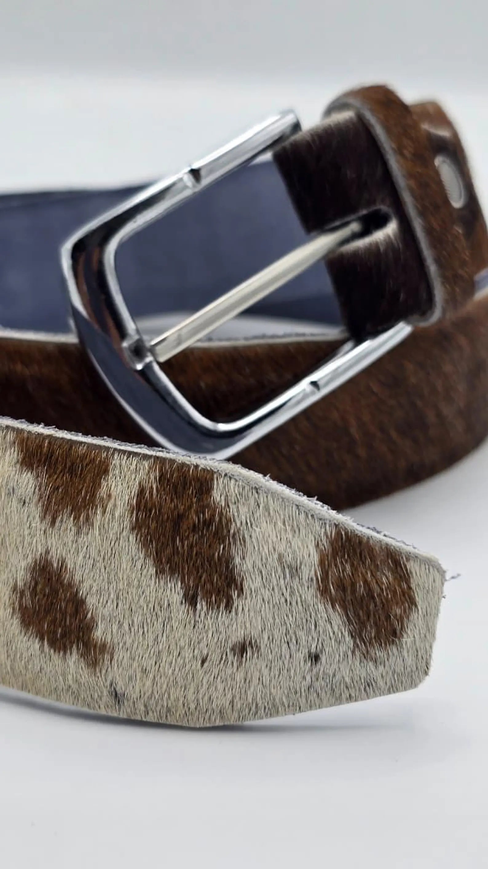 Handmade Cowhide Leather Belt – Brown & White Hair-On Hide with Chrome Buckle