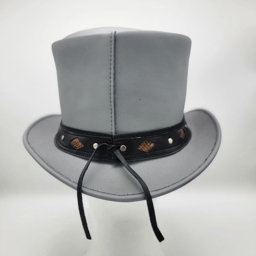 Grey Leather Top Hat: Studded Band Steampunk Cosplay Hat