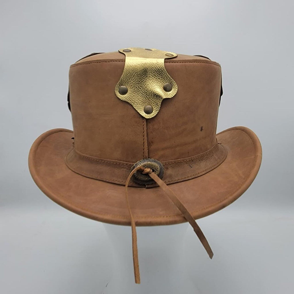 Handmade Steampunk Leather Top Hat: Brass Accent Cosplay Hat