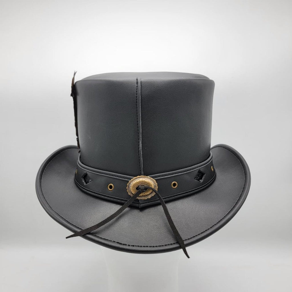 Handmade Steampunk Hat, Black Leather Top Hat with Feather & Chain Detail