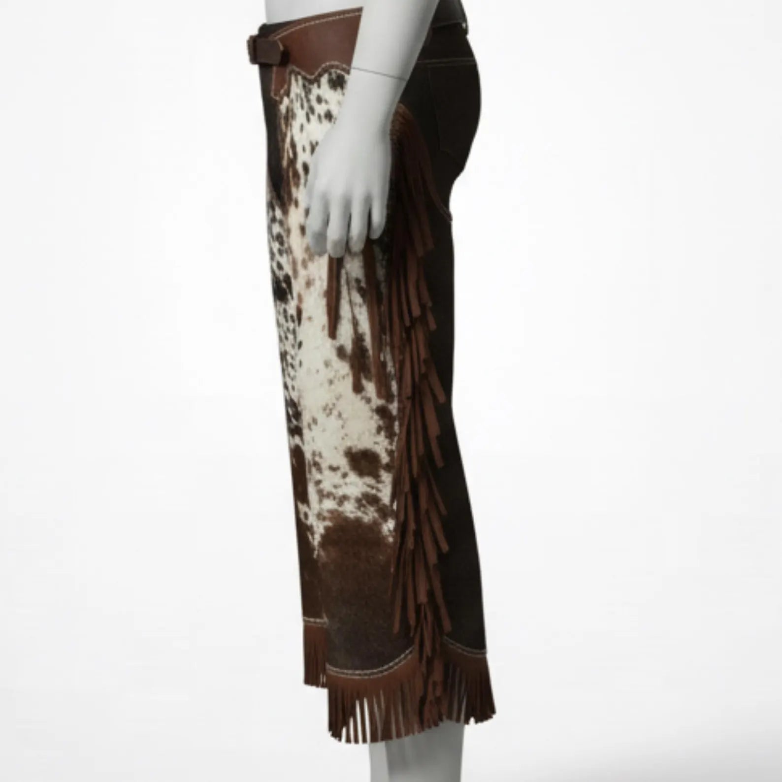 Handmade Brown and White Cowhide Leather Chaps – Western Rodeo Fringe Riding Gear for Cowboys
