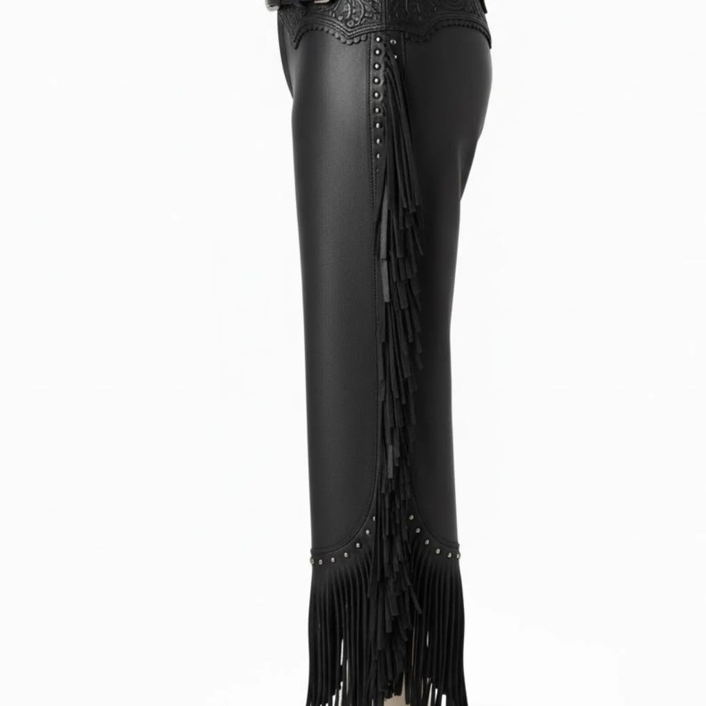 Handmade Black Leather Western Chaps with Fringe, Silver Conchos for Rodeo Cowboy Biker Gear.
