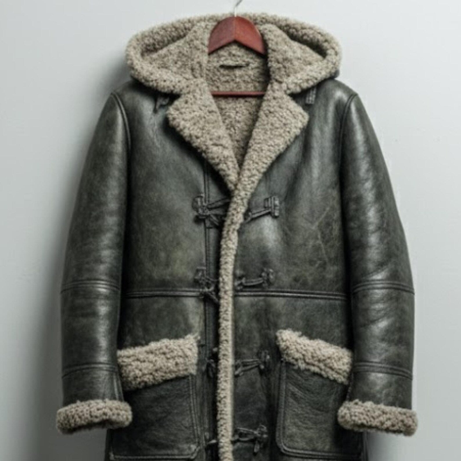 Handmade Grey Sheepskin Coat – Men's Shearling Duffle Overcoat for Winter