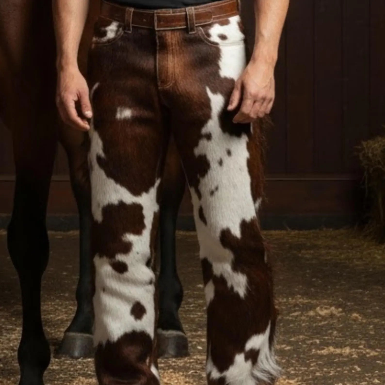 Handmade Brown White Cowhide Pants – Mens Western Pants, Cowboy Rodeo Trousers