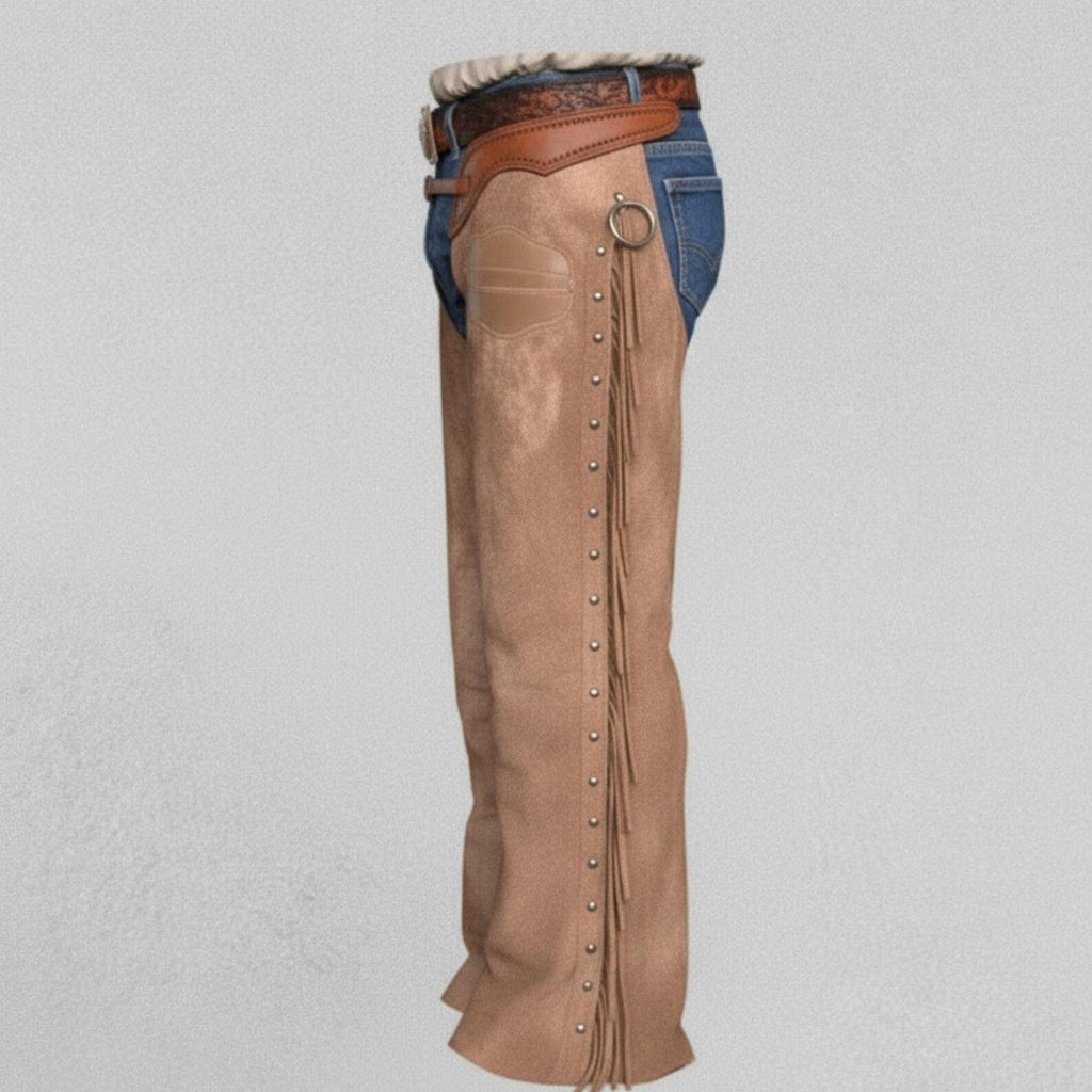 Handmade Tan Suede Leather Chaps – Western Wear for Cowboys & Bikers.
