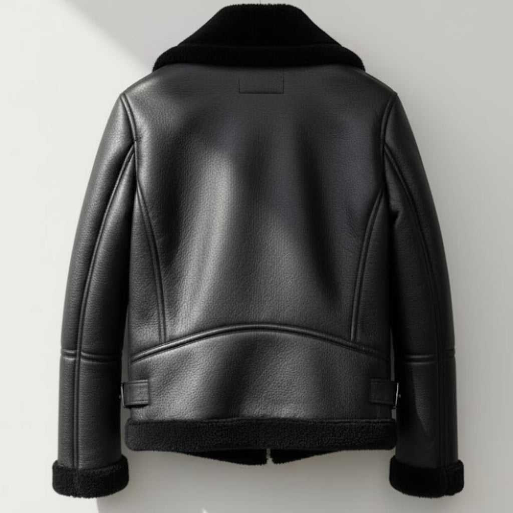 Handmade Black Shearling Jacket – Womens Warm Aviator Biker Coat, Winter Streetwear, Thick Fur-Lined Motorcycle