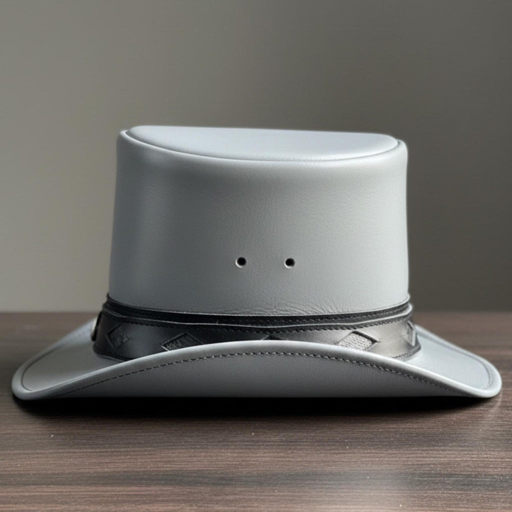Handcrafted Grey Leather Top Hat – Unique Cowboy Hat for Men