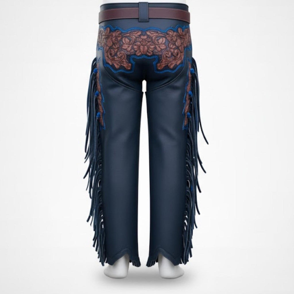 Handmade Blue Leather Rodeo Chaps – Custom Western Tooled Leather with Fringe