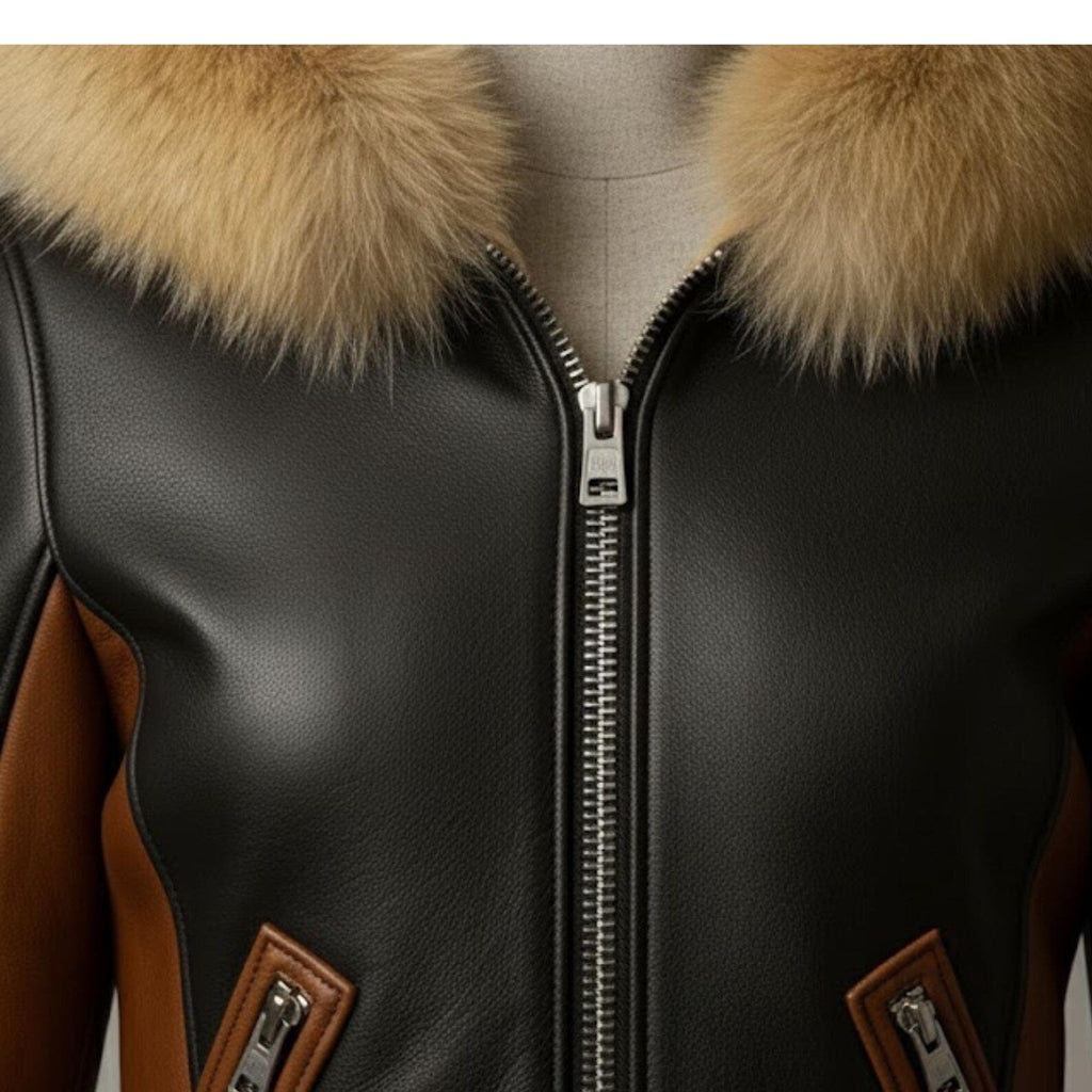 Handmade Black Leather Shearling Jacket – Women's Winter Aviator Coat