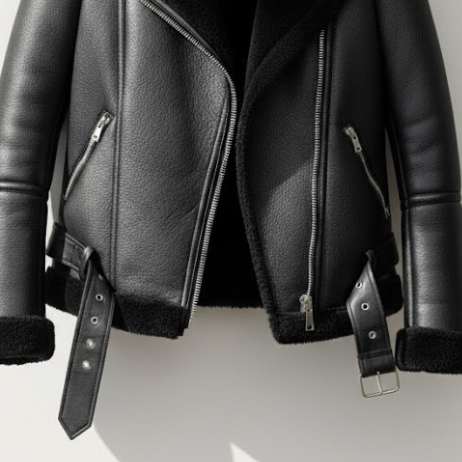 Handmade Black Shearling Jacket – Womens Warm Aviator Biker Coat, Winter Streetwear, Thick Fur-Lined Motorcycle