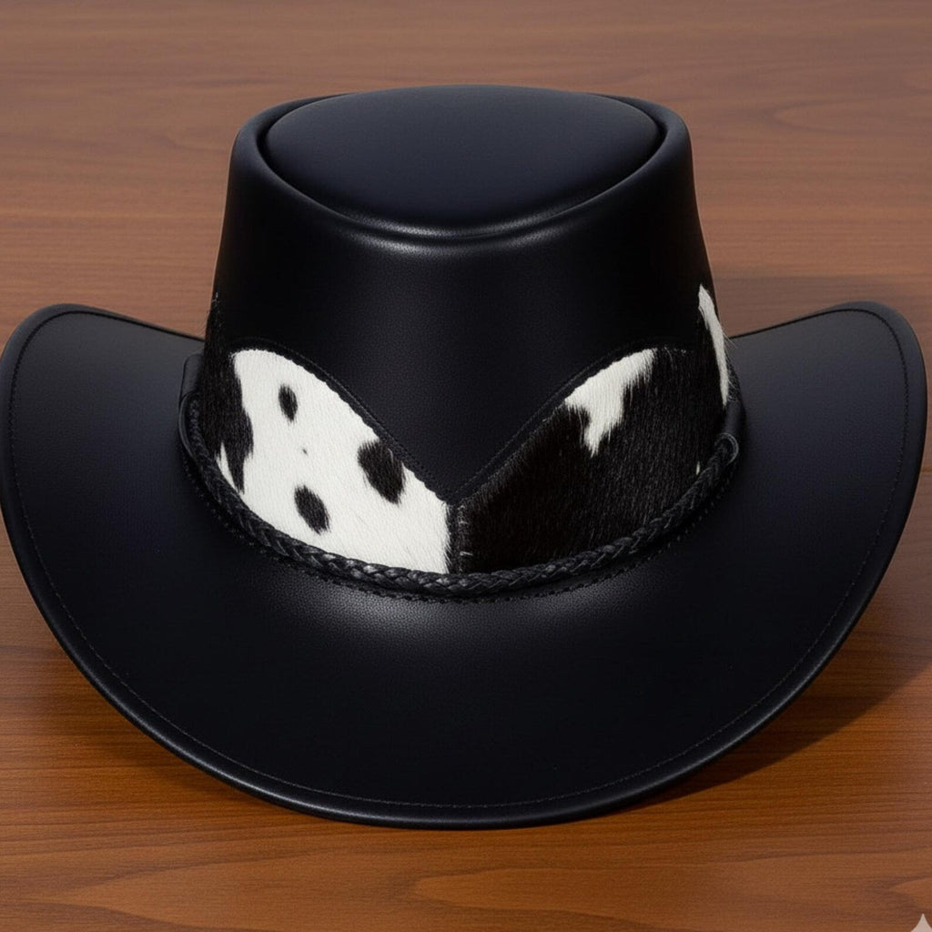 Handmade Black Leather Cowboy Hat Cow Print Band – Western Rodeo Style