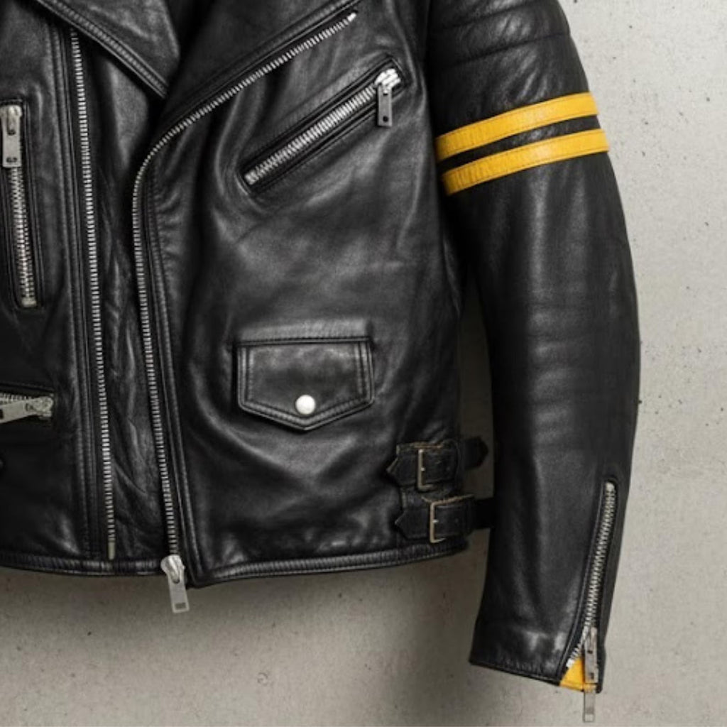 Handmade Black Yellow Leather Biker Jacket – Mens Motorcycle Cafe Racer Coat
