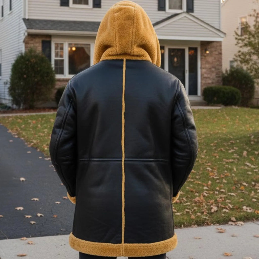 Men's Black Leather Shearling Coat with Tan Wool Lining – Hooded Winter Jacket