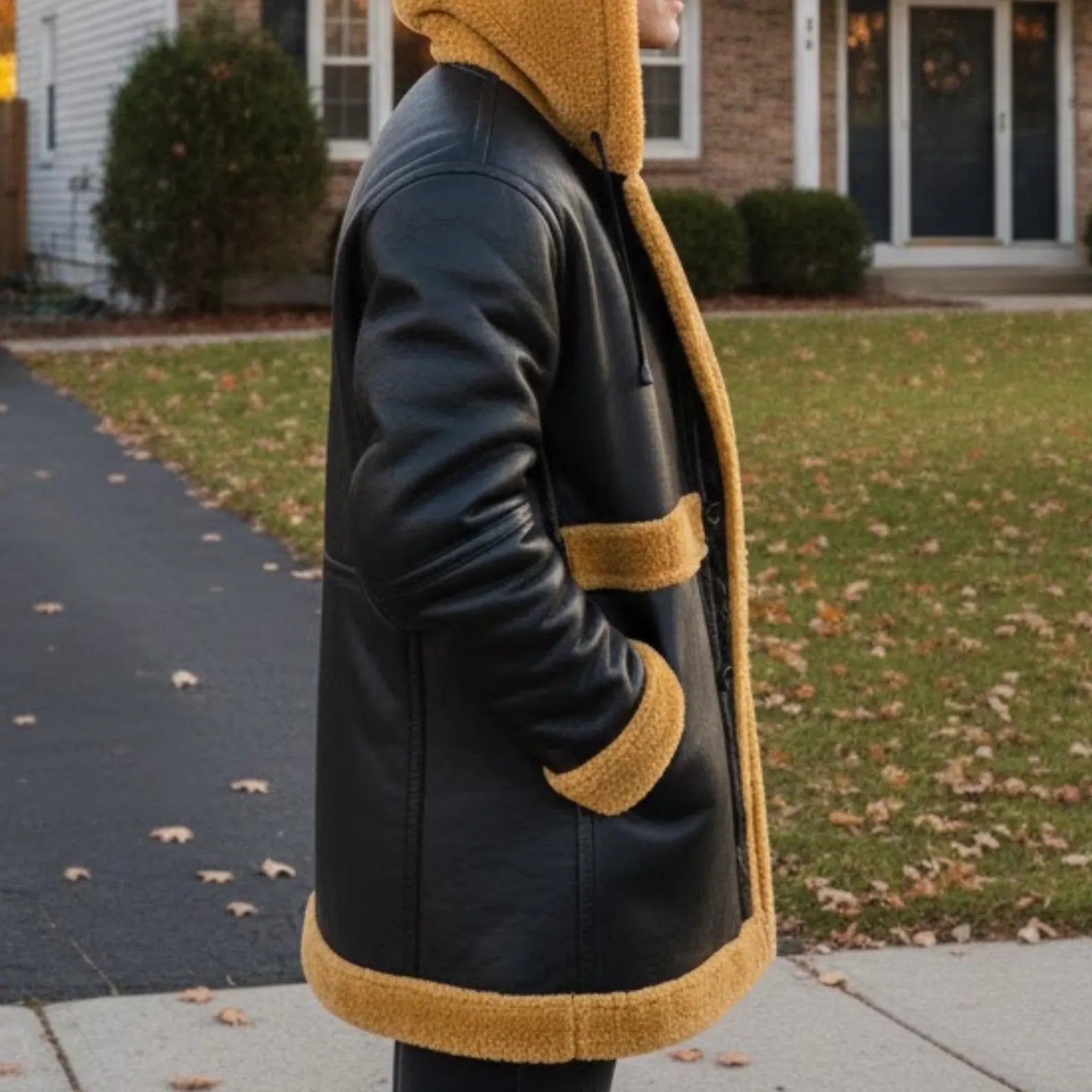 Men's Black Leather Shearling Coat with Tan Wool Lining – Hooded Winter Jacket