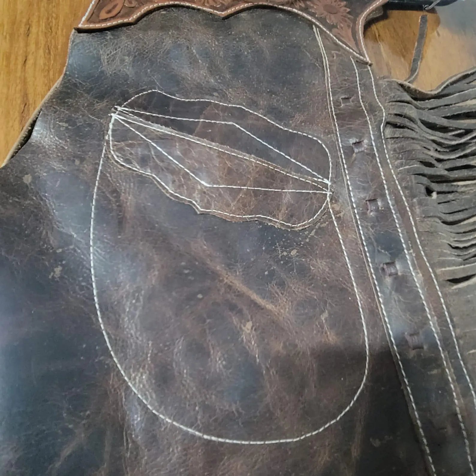 Handmade Distressed Brown Leather Chaps for Men, Western Cowboy Rodeo Fringed Riding Gear