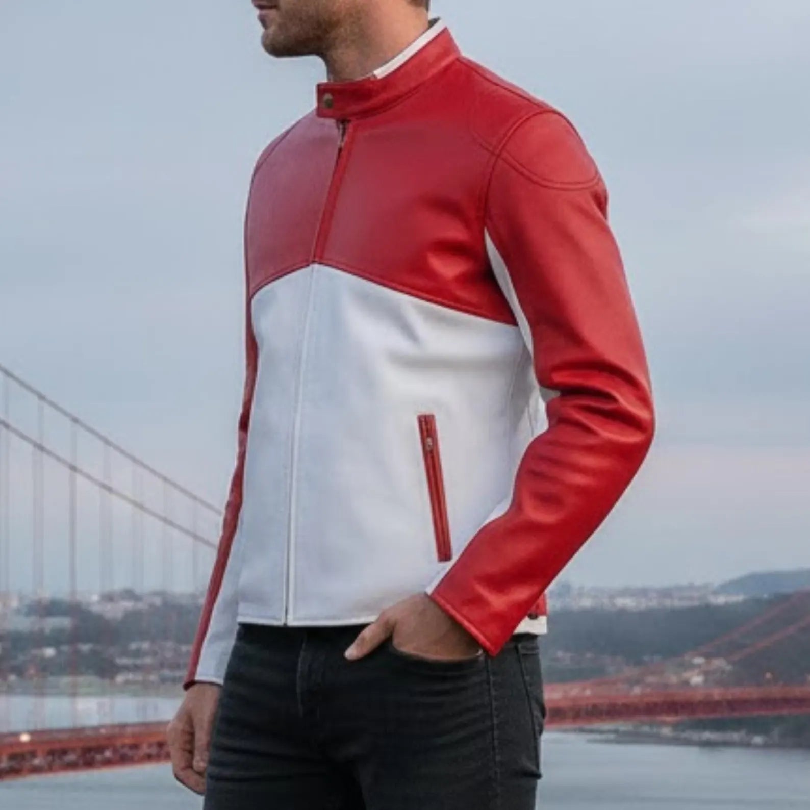 Handmade Red White Leather Biker Jacket – Men's Cafe Racer Style Gear