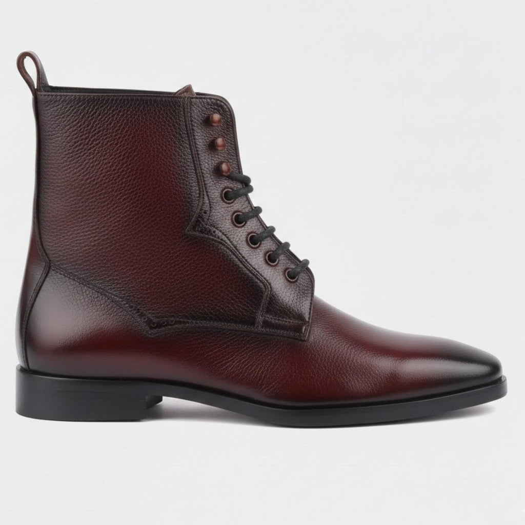 Handmade Burgundy Leather Boots – Men's Lace Up Black Burnished Boots