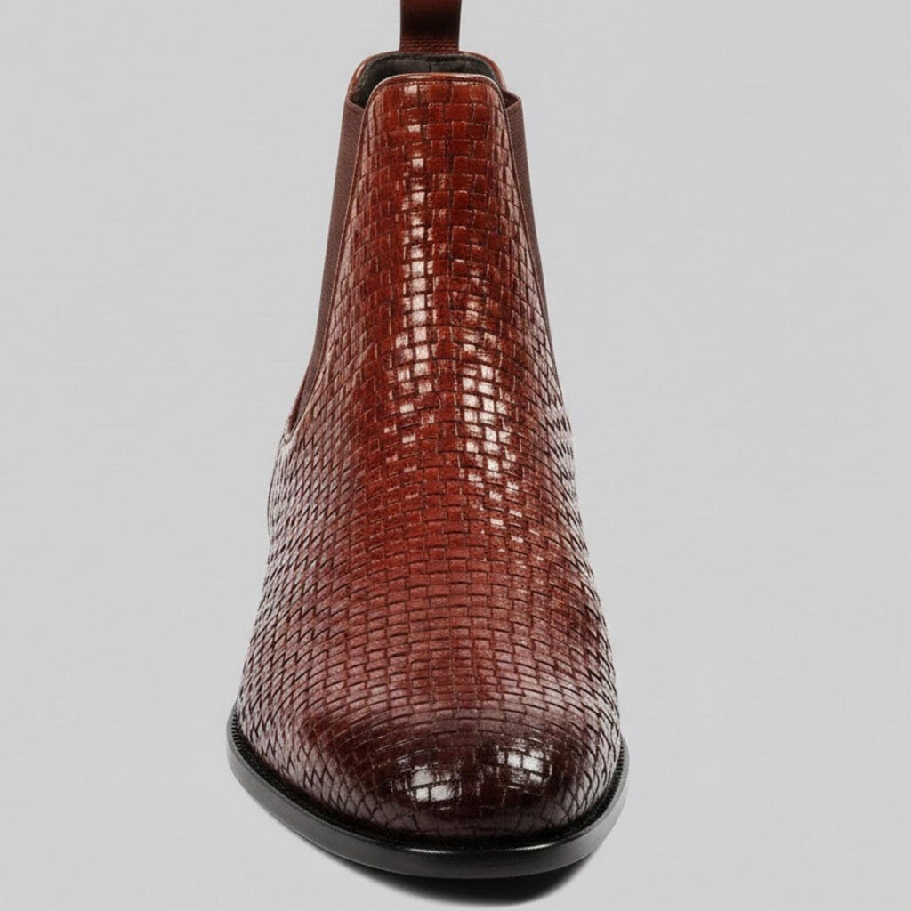 Handmade Cognac Woven Leather Chelsea Boots – Mens Formal Dress Shoes