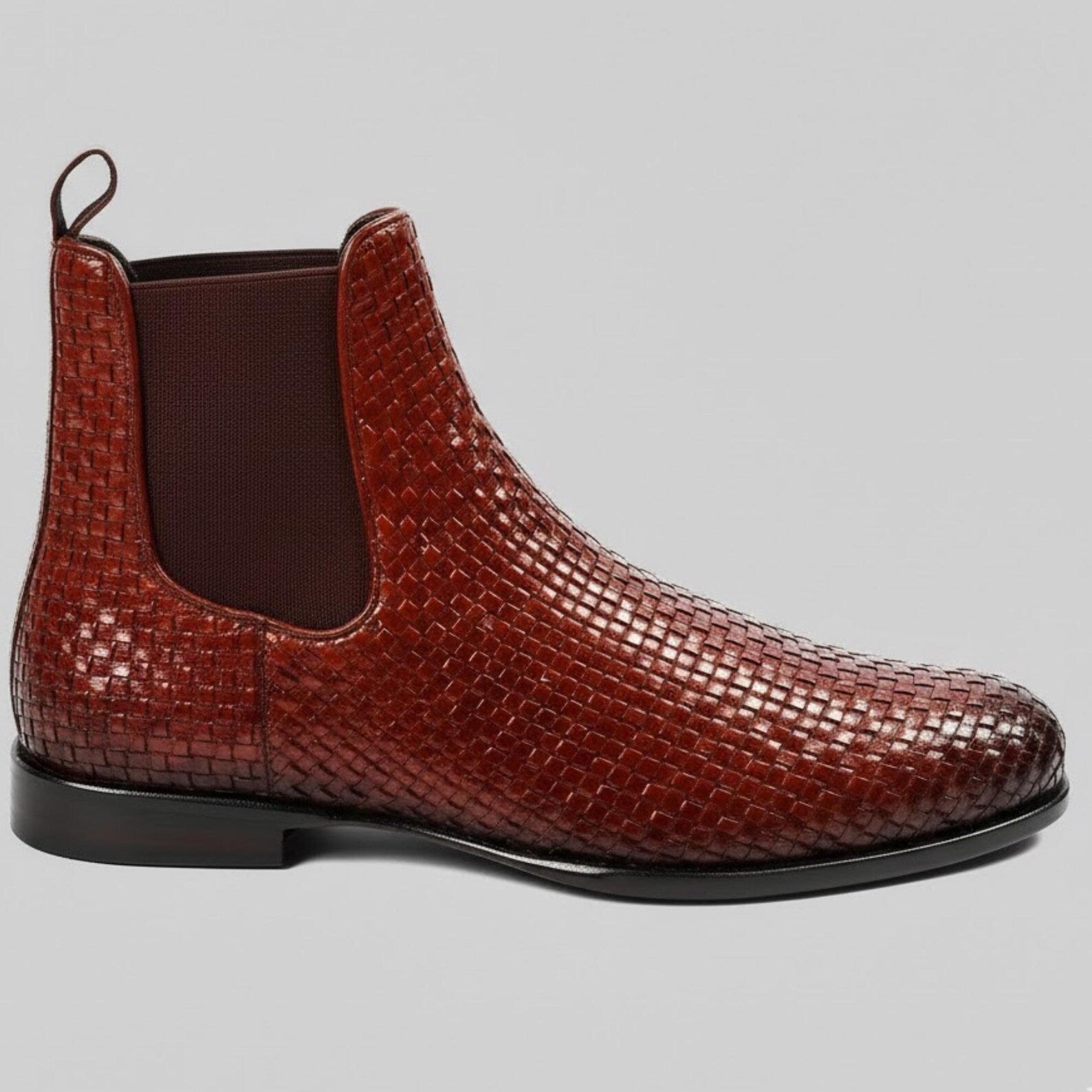 Handmade Cognac Woven Leather Chelsea Boots – Mens Formal Dress Shoes