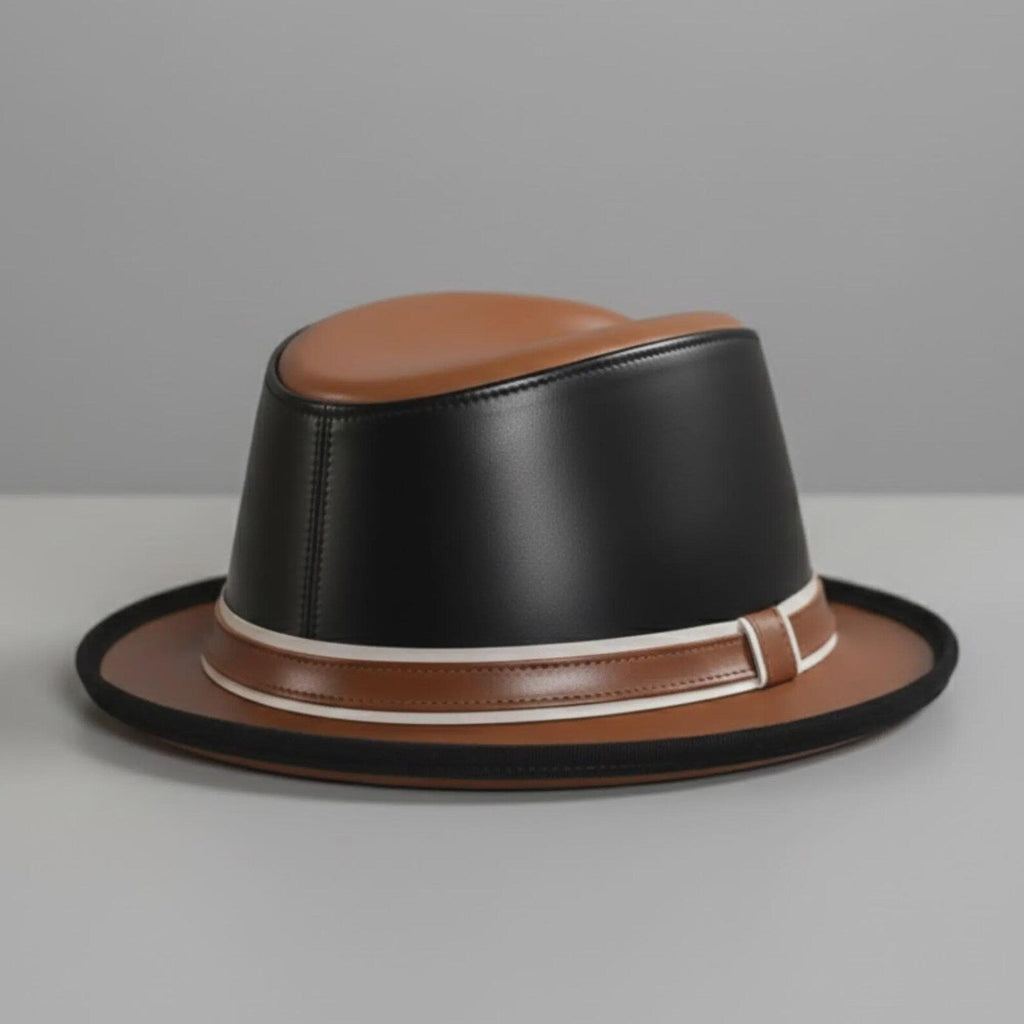 Handmade Leather Fedora Hat Two-Tone Brown Black Stylish Wide Brim Headwear Trendy Mens Gift