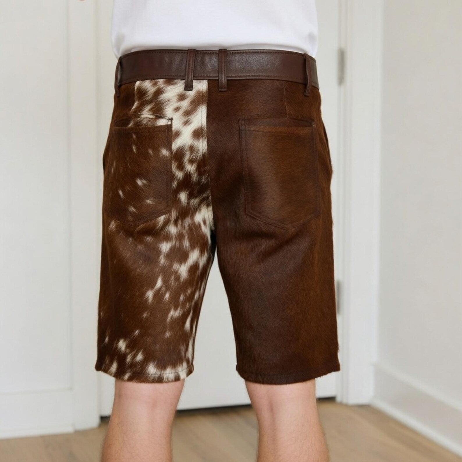 Handmade Cowhide Leather Shorts Real Cow Hair On Brown White Trendy Men Western Style