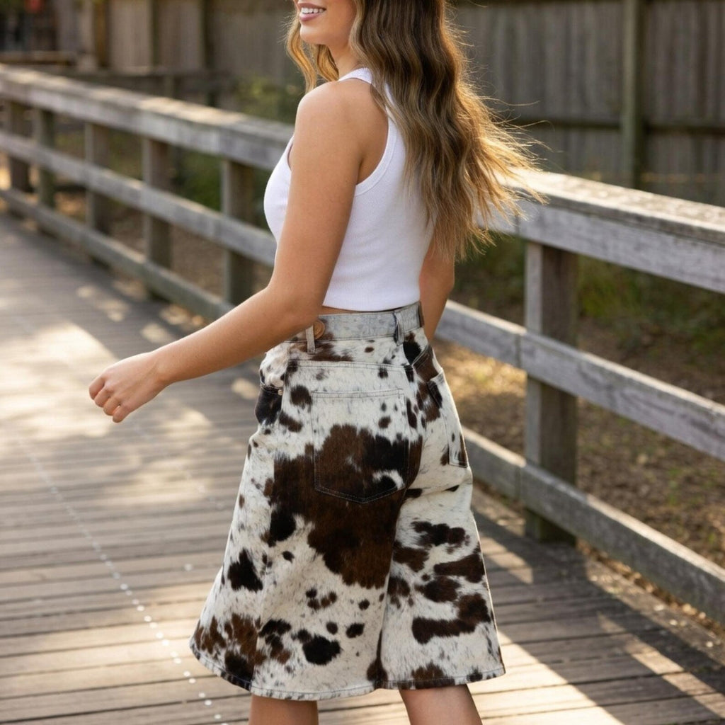 Handmade Cowhide Bermuda Shorts Women Brown White Real Hair On Leather Western Trendy Cowgirl